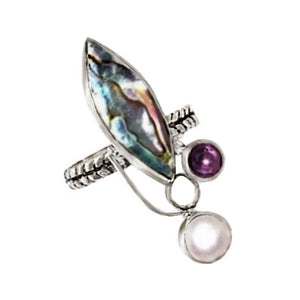 Natural Abalone, Pearl, Amethyst Gemstone 925 Sterling Silver Ring Size 8.5 - BELLADONNA