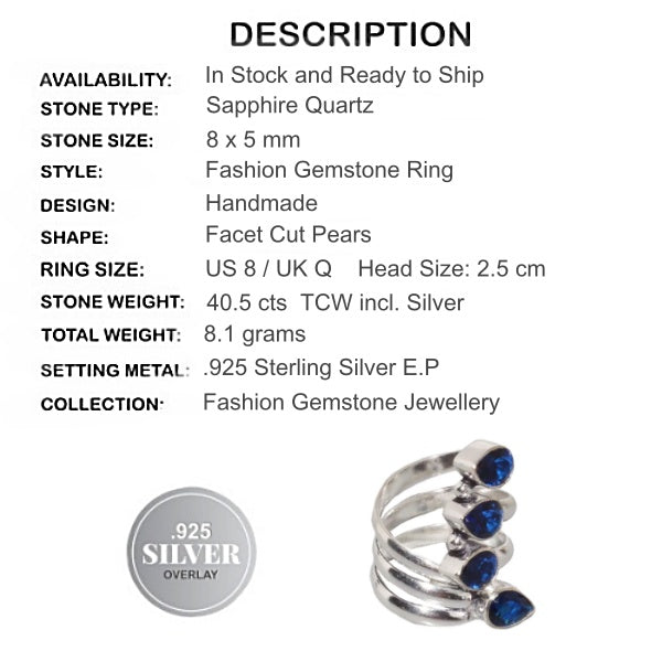 Handmade Sapphire Quartz .925 Sterling Silver Ring Size US 8 - BELLADONNA