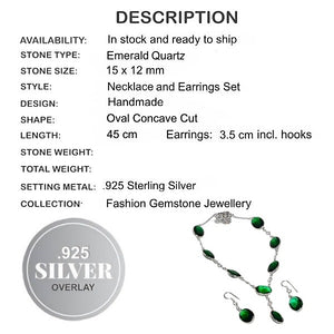Faceted Emerald Quartz Oval Gemstone 925 Silver Necklace & Earrings Set - BELLADONNA