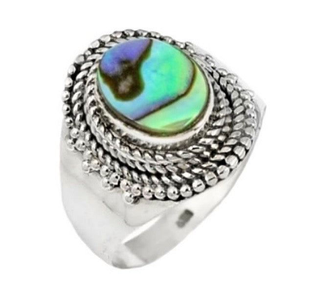 4.19 Cts New Zealand Abalone Paua Sea Shell Solid .925 Sterling Silver Ring Sz 8.5 - BELLADONNA