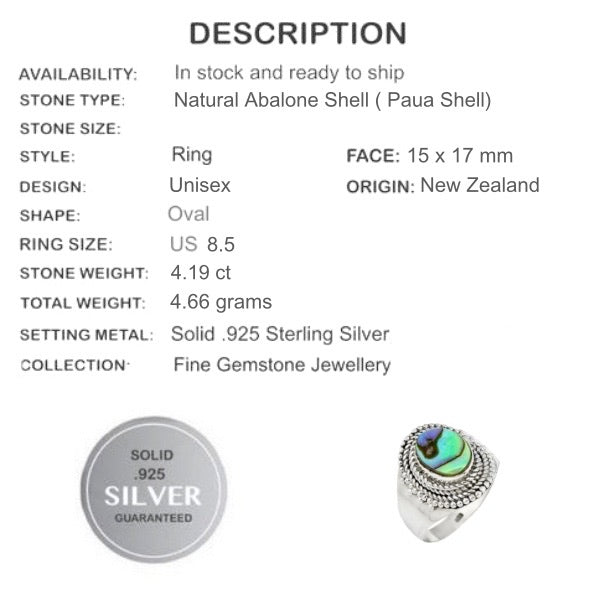 4.19 Cts New Zealand Abalone Paua Sea Shell Solid .925 Sterling Silver Ring Sz 8.5 - BELLADONNA