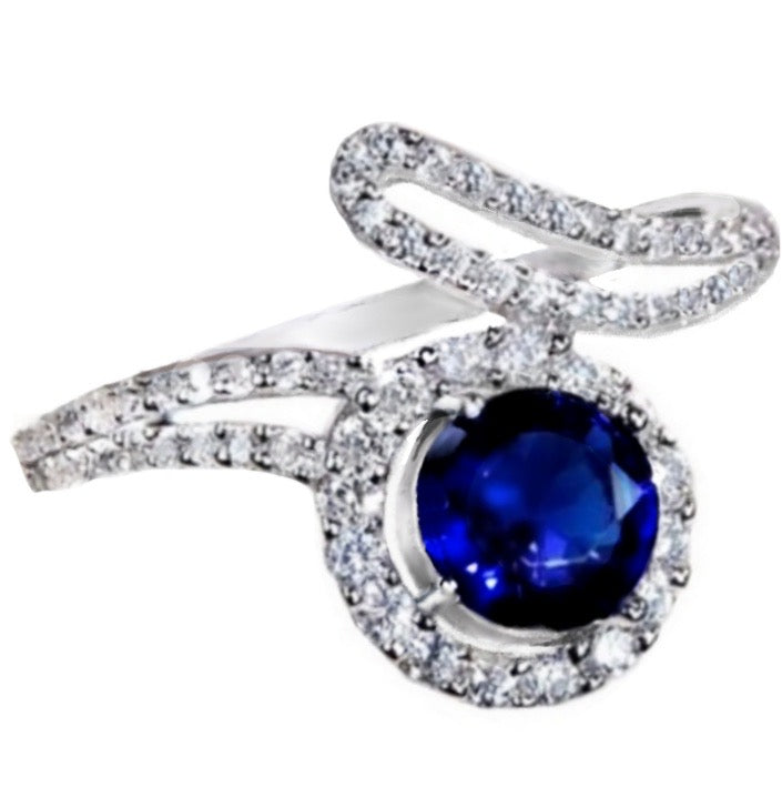 2CT Blue Sapphire and White Topaz Solid .925 Sterling Silver Ring Size US 8 or Q - BELLADONNA