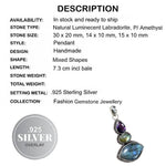 Beautiful Natural Blue Fire Labradorite, Amethyst Gemstone .925 Silver Pendant - BELLADONNA