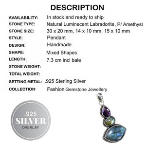 Beautiful Natural Blue Fire Labradorite, Amethyst Gemstone .925 Silver Pendant - BELLADONNA