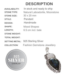 Antique Style Natural Fiery Labradorite, Moonstone Gemstone  .925 Silver Pendant - BELLADONNA