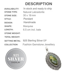 Natural Marquise Fiery Labradorite Gemstone .925 Silver Pendant - BELLADONNA