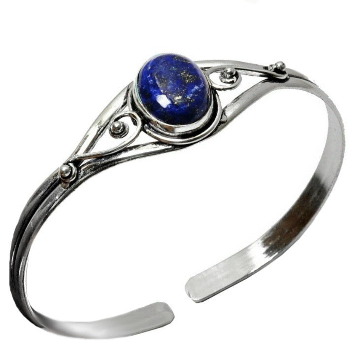 Natural Lapis Lazuli Oval Gemstones .925 Sterling Silver Adjustable Bangle - BELLADONNA