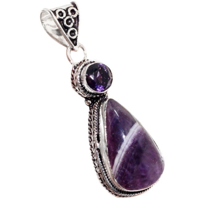 Natural Purple Banded Amethyst Gemstone .925 Sterling Silver Pendant - BELLADONNA
