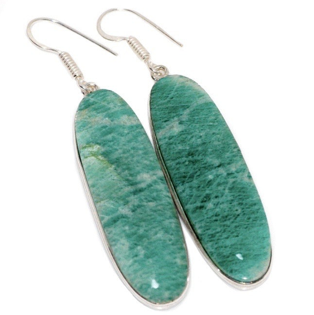 Xtra Long Natural Peruvian Amazonite Oval Gemstone .925 Sterling Silver Earrings - BELLADONNA