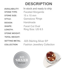 Faceted Morganite Oval Gemstone .925 Silver Ring size US 8.5 - BELLADONNA