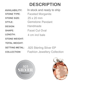 Faceted Morganite Oval Gemstone .925 Silver Pendant with Free Chain - BELLADONNA