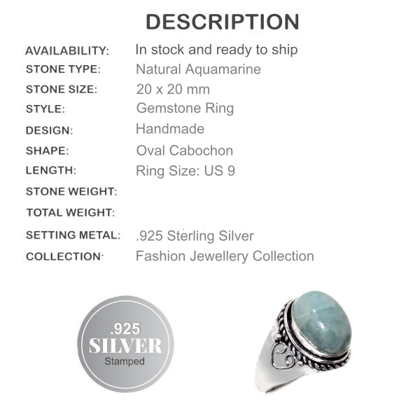 Natural Aquamarine Gemstone .925 Sterling Silver RIng Size US 9 - BELLADONNA