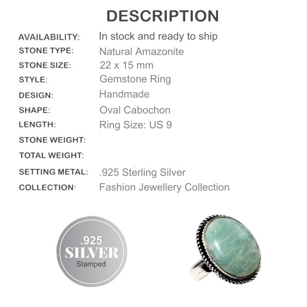 Natural Amazonite Gemstone .925 Sterling Silver RIng Size US 9 - BELLADONNA