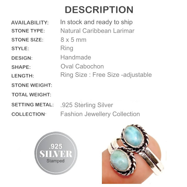 Natural Caribbean Larimar .925 Sterling Silver Ring Adjustable Free Size - BELLADONNA