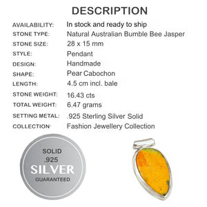 Natural Australian Bumble Bee Jasper Solid .925 Sterling Silver Pendant - BELLADONNA