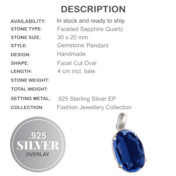 Faceted Sapphire Quartz Oval Gemstone 925 Silver Pendant - BELLADONNA
