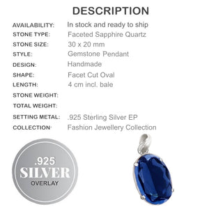 Faceted Sapphire Quartz Oval Gemstone 925 Silver Pendant - BELLADONNA