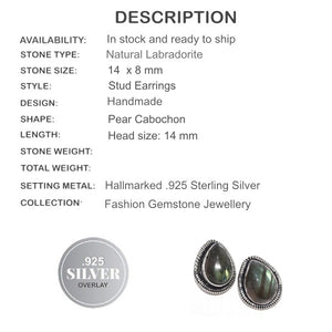 Natural Fiery Labradorite Gemstone Pear .925 Silver Stud Earrings - BELLADONNA