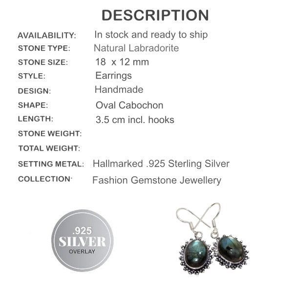 Natural Blue Fire Labradorite Gemstone .925 Silver Earrings - BELLADONNA