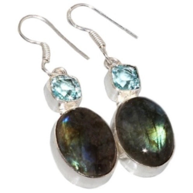 Natural Fiery Labradorite, Blue Topaz Gemstone .925 Silver Earrings - BELLADONNA