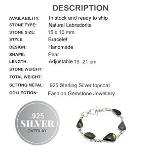 Natural Fiery Labradorite Pear Gemstone .925 Sterling Silver Bracelet - BELLADONNA