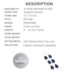 Long Pear Shape Sapphire Blue Quartz Gemstone 925 Silver Earrings - BELLADONNA