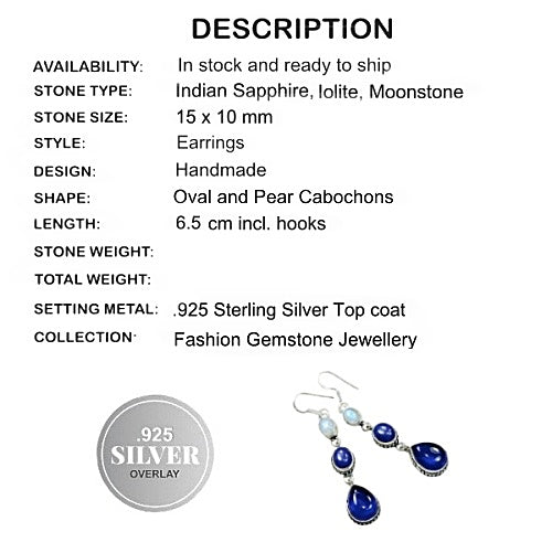 Natural Moonstone, Indian Blue Sapphire, Iolite Gemstone 925 Silver Earrings - BELLADONNA