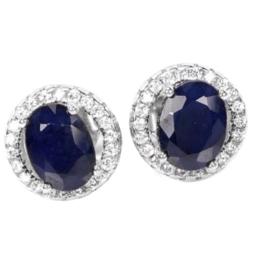 Genuine Blue Sapphire, White Cubic Zirconia Solid .925 Sterling Silver Stud Earrings - BELLADONNA
