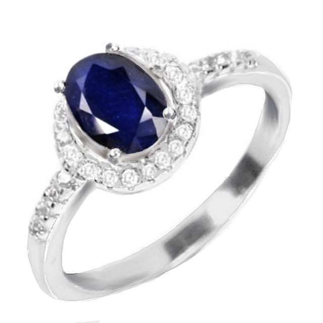 Genuine Blue Sapphire, White Cubic Zirconia Solid .925 Sterling Silver Ring Size 6.75 - BELLADONNA