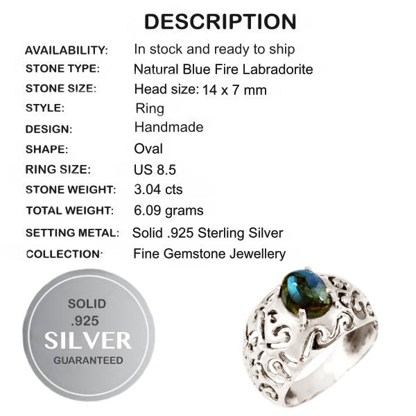 Earth Mined Unheated Fiery Labradorite Solid .925 Sterling Silver Ring Size 8.5 - BELLADONNA