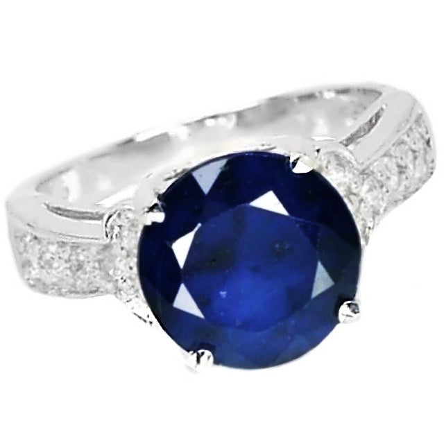 Outstanding Natural Blue Sapphire, White Cubic Zirconia Solid .925 Sterling Silver Ring Size 6.5 - BELLADONNA