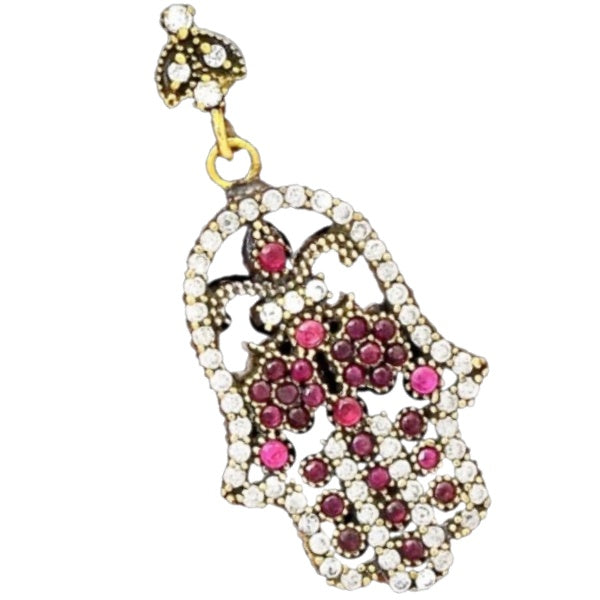 Two Tone Hamsa (Hand of God) Turkish Ruby and White Topaz Solid .925 Sterling Silver Pendant - BELLADONNA