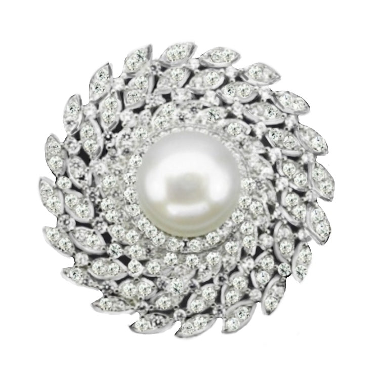 Deluxe Natural Creamy White Pearl , White Cz Solid .925 Silver 14K White Gold Ring Size US 8 - BELLADONNA