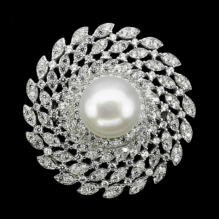Deluxe Natural Creamy White Pearl , White Cz Solid .925 Silver 14K White Gold Ring Size US 8 - BELLADONNA