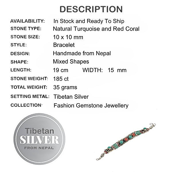 Nepali Natural Turquoise, Red Coral Gemstone Tibetan Bracelet - BELLADONNA