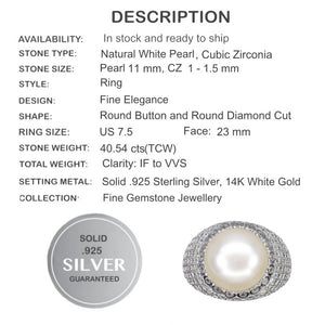 Natural Creamy White Pearl , White Cubic Zirconia Solid  .925 Sterling Silver Ring Size 7.5 - BELLADONNA
