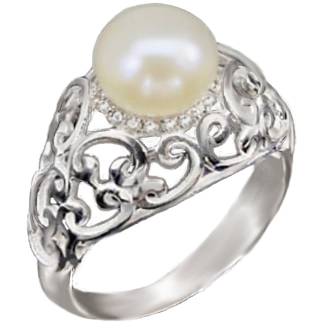 26.84 Cts Natural Creamy White Pearl , AAA Cz Solid .925 Silver Size 8.5 - BELLADONNA