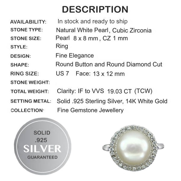 19.03 Cts Natural Creamy White Pearl , White Cubic Zirconia Solid .925 Silver Size US  7 or O - BELLADONNA