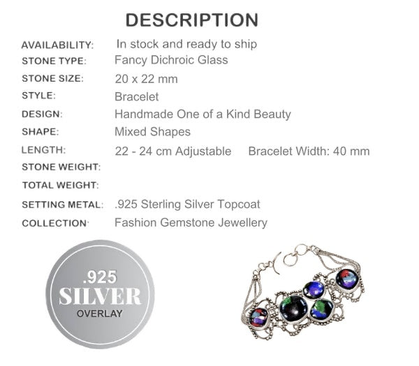 Handmade Fancy Dichroic Glass .925 Silver Bracelet - BELLADONNA