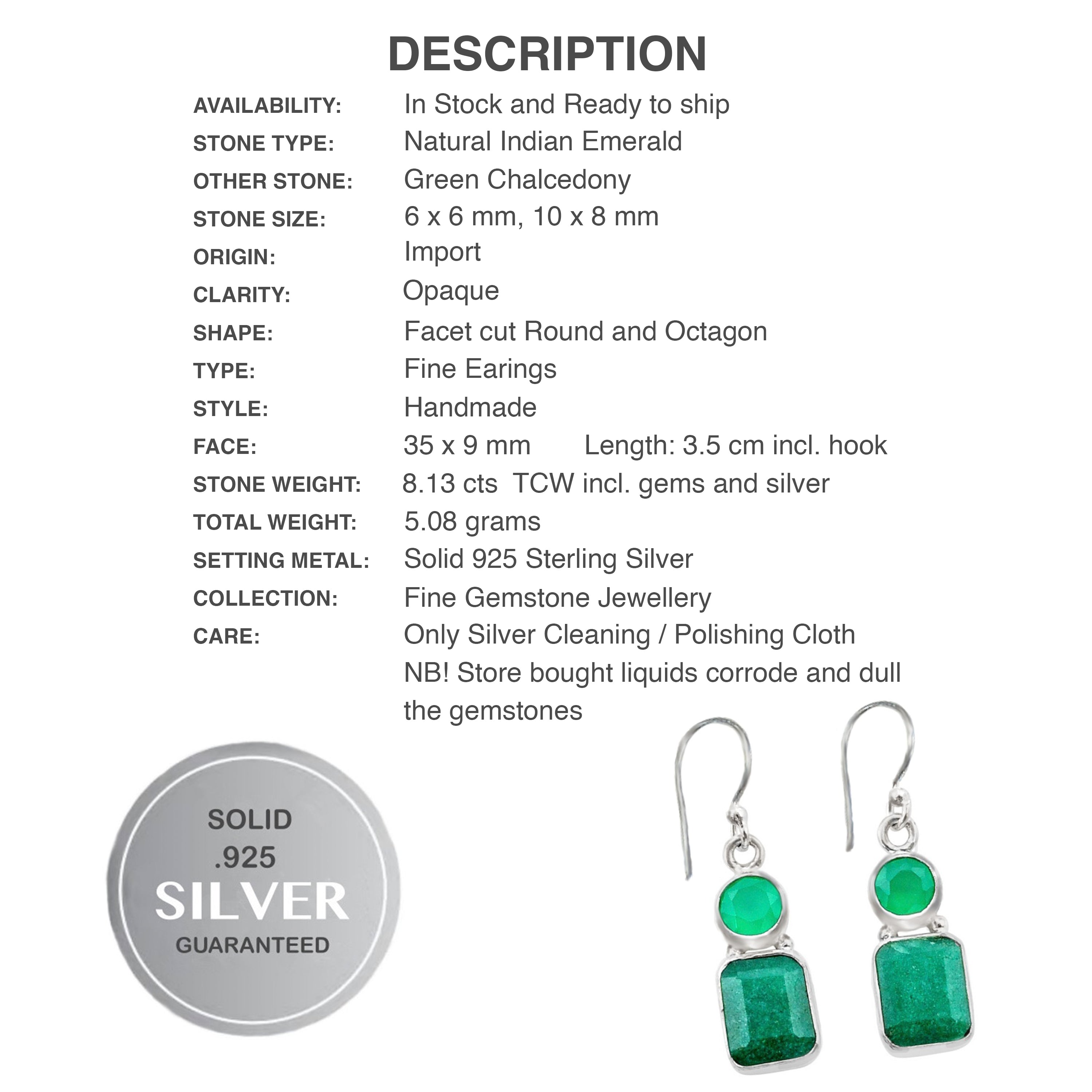 Natural Indian Emerald and Chalcedony Gemstone set in Solid .925 Sterling Silver Earrings - BELLADONNA