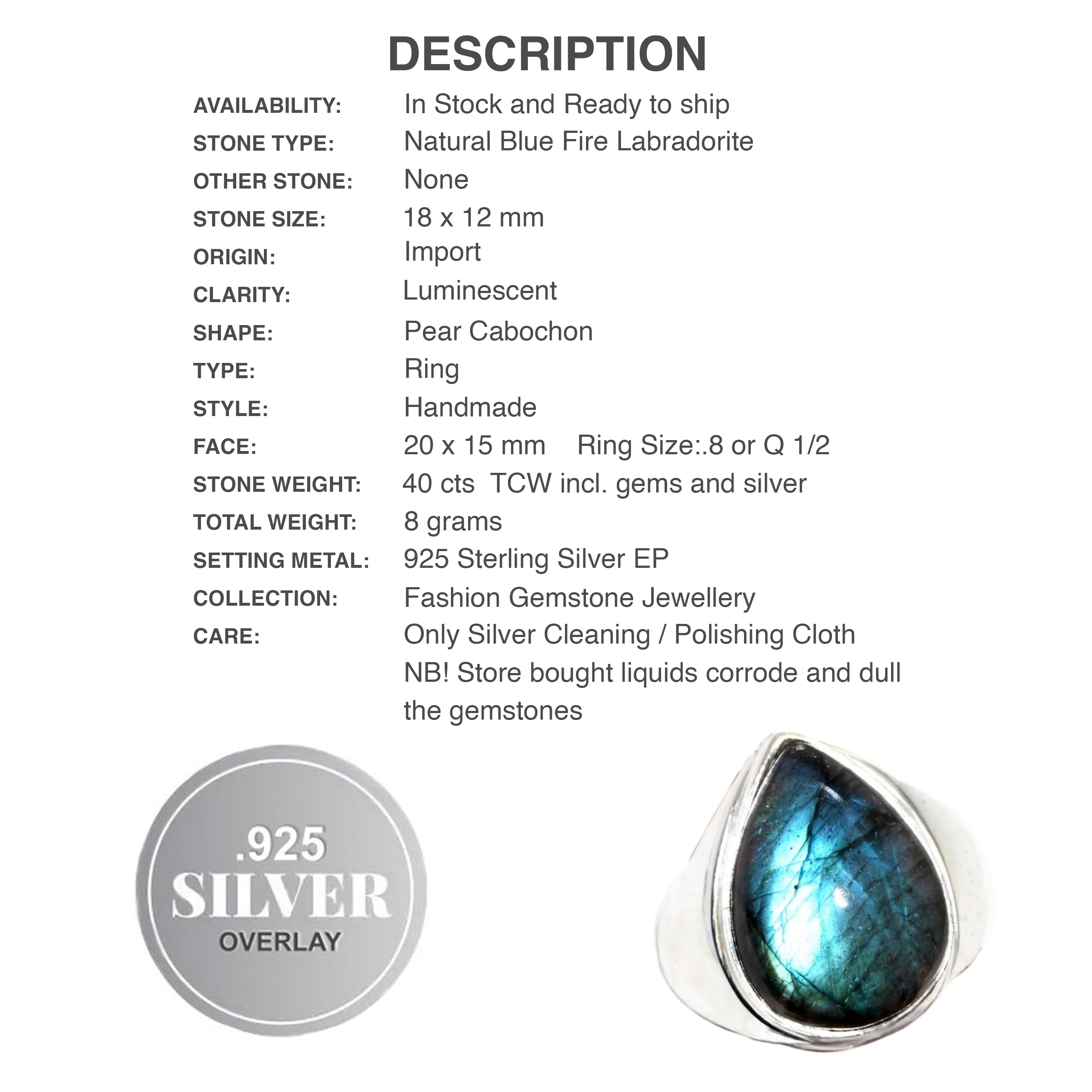 Natural Blue Fire Labradorite Gemstone.925 Silver Ring Size US 8 or Q - BELLADONNA
