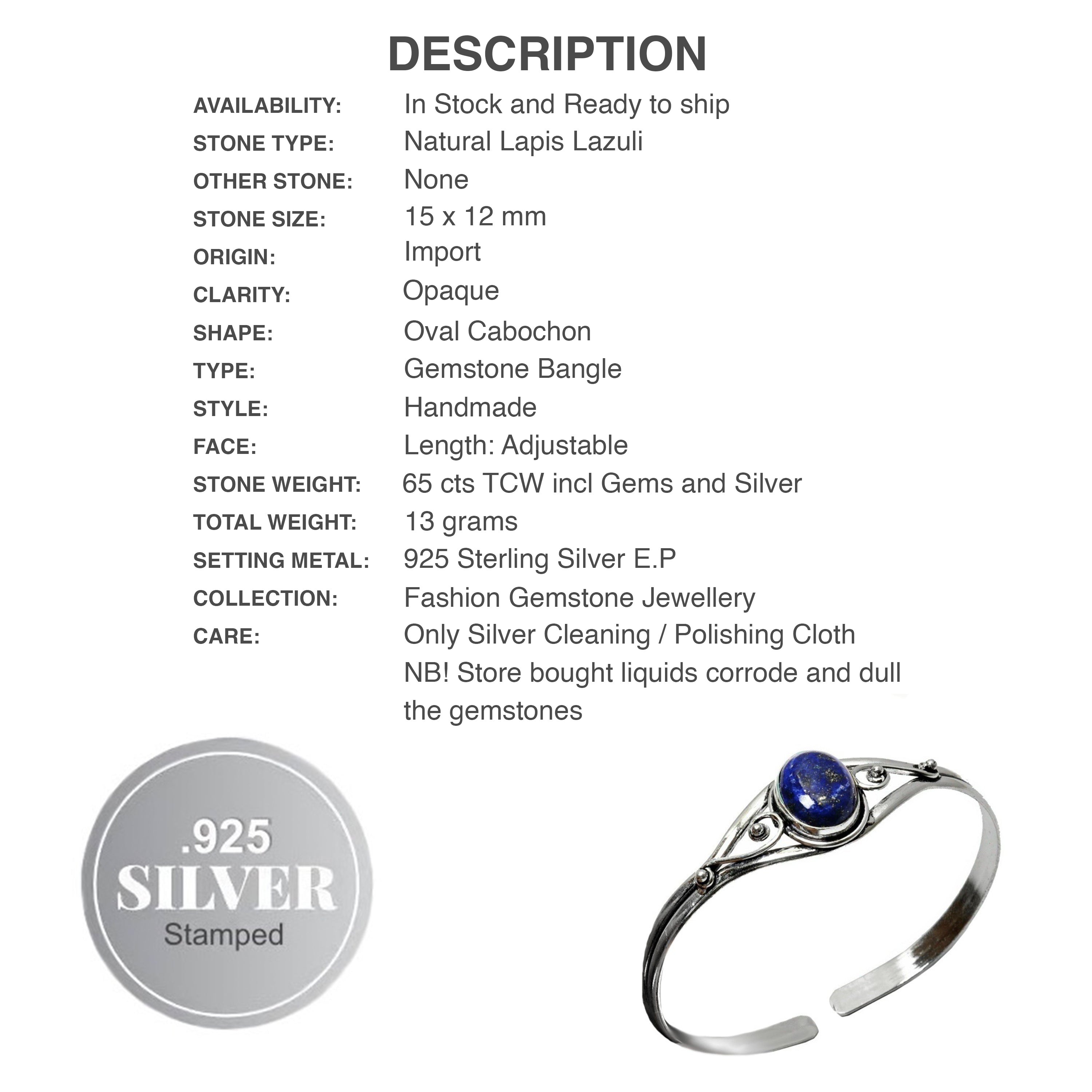 Natural Lapis Lazuli Oval Gemstones .925 Sterling Silver Adjustable Bangle - BELLADONNA