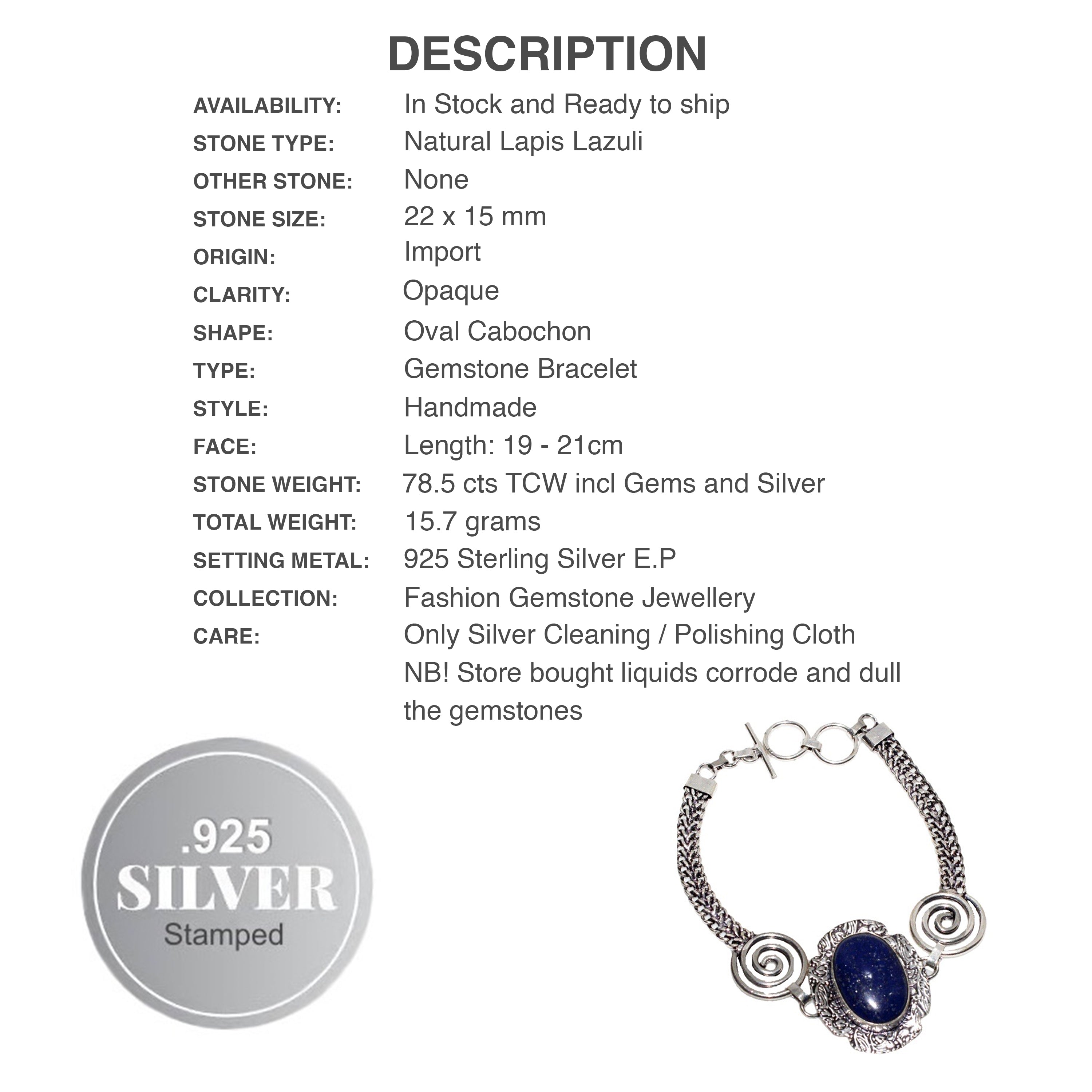 Natural Lapis Lazuli Oval Gemstones .925 Sterling Silver Bracelet - BELLADONNA
