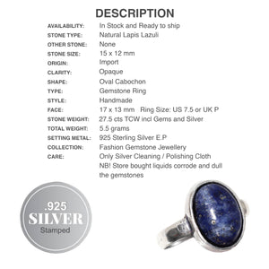 Natural Lapis Lazuli Gemstone .925 Silver Ring Size US 7.5 or UK P - BELLADONNA