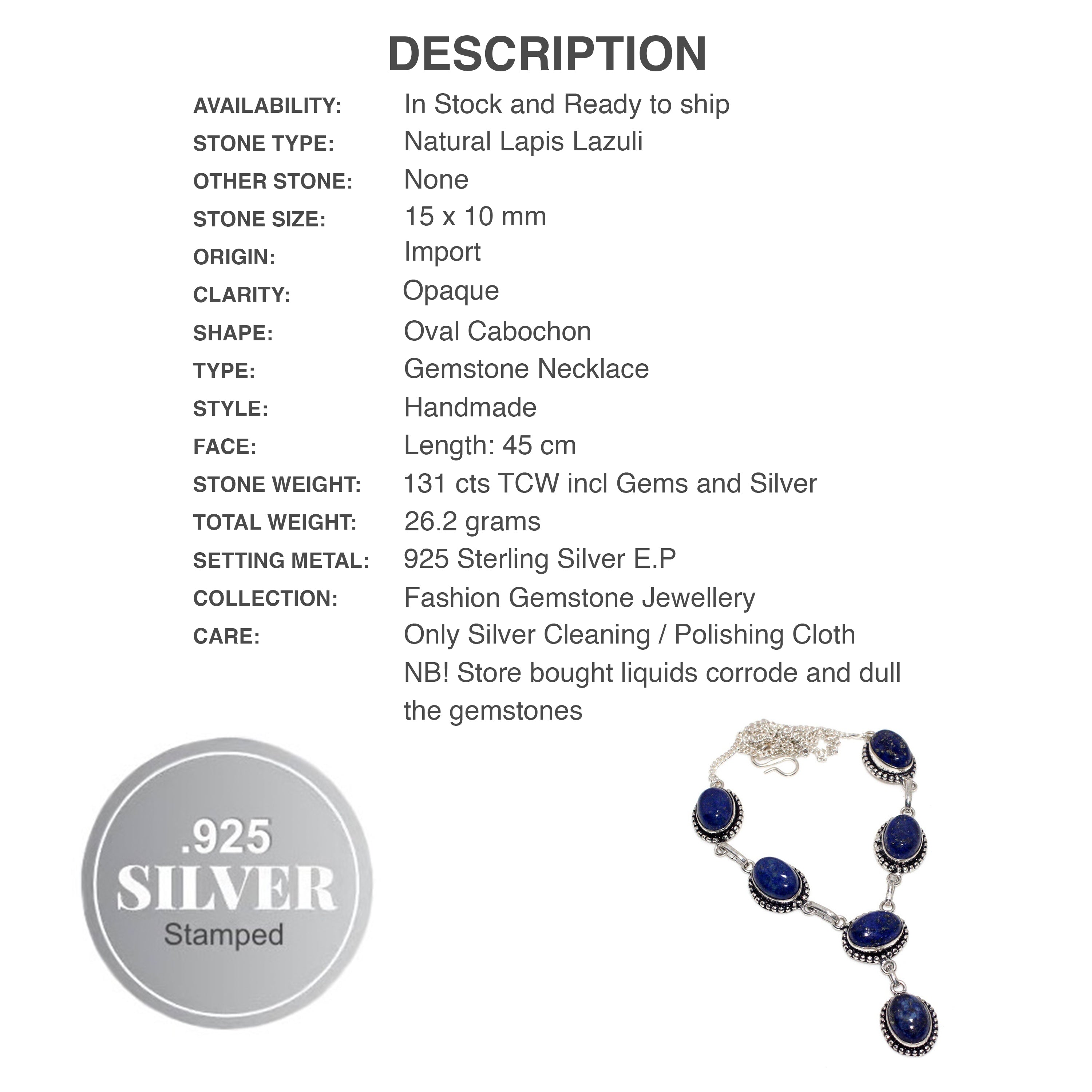Natural Lapis Lazuli Oval Gemstone .925 Sterling Silver Necklace - BELLADONNA