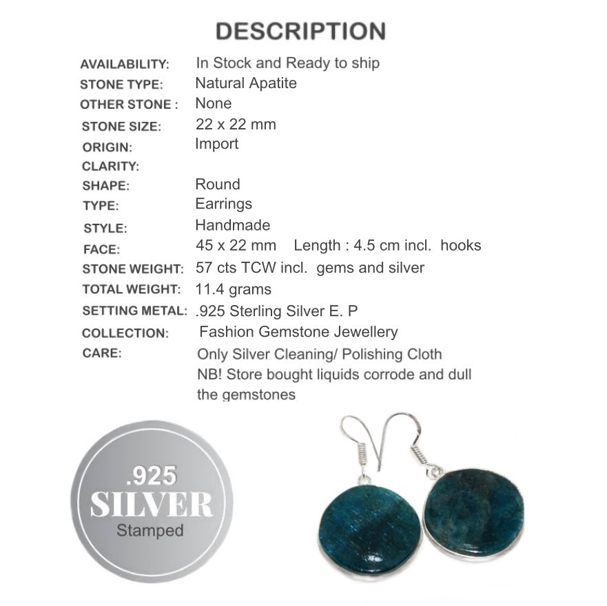 Natural Round Neon Blue Apatite Gemstone .925 Silver Earrings - BELLADONNA