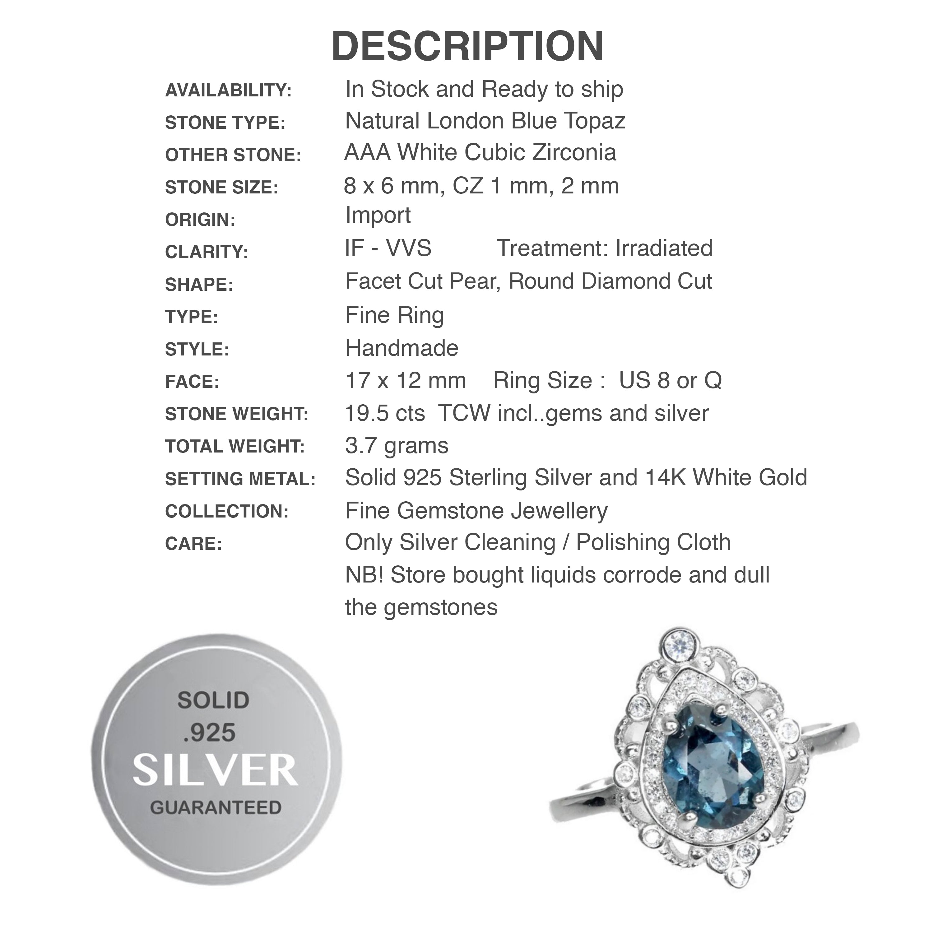 Natural London Blue Topaz White Cz Solid .925 Sterling Silver Ring Size 8 or Q - BELLADONNA