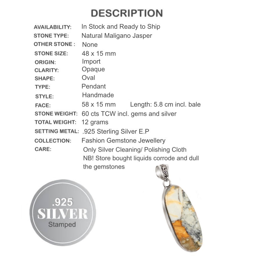 Natural Maligano Jasper Gemstone .925 Sterling Silver Pendant - BELLADONNA