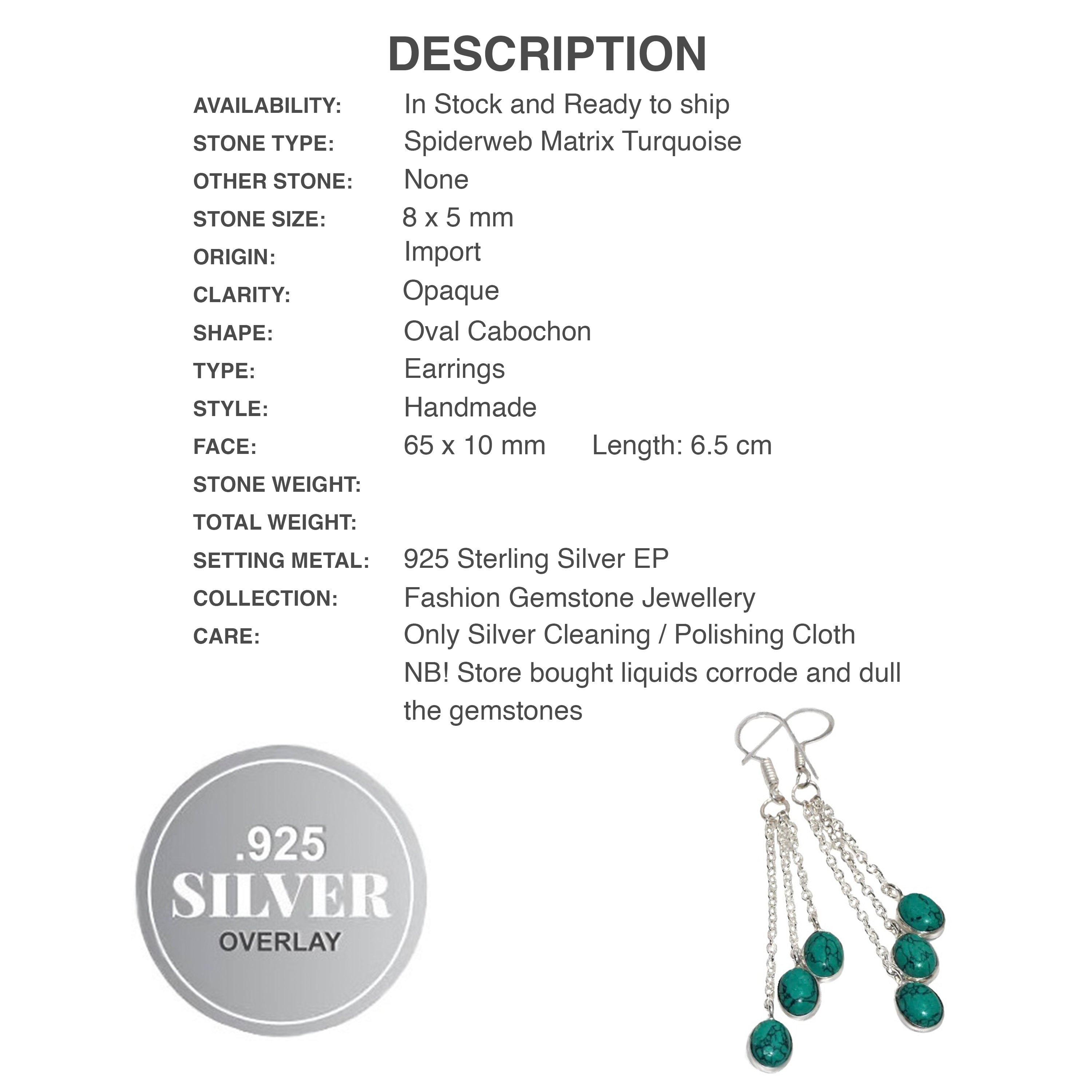 Spider Web Matrix Turquoise Gemstone .925 Sterling Silver Earrings - BELLADONNA