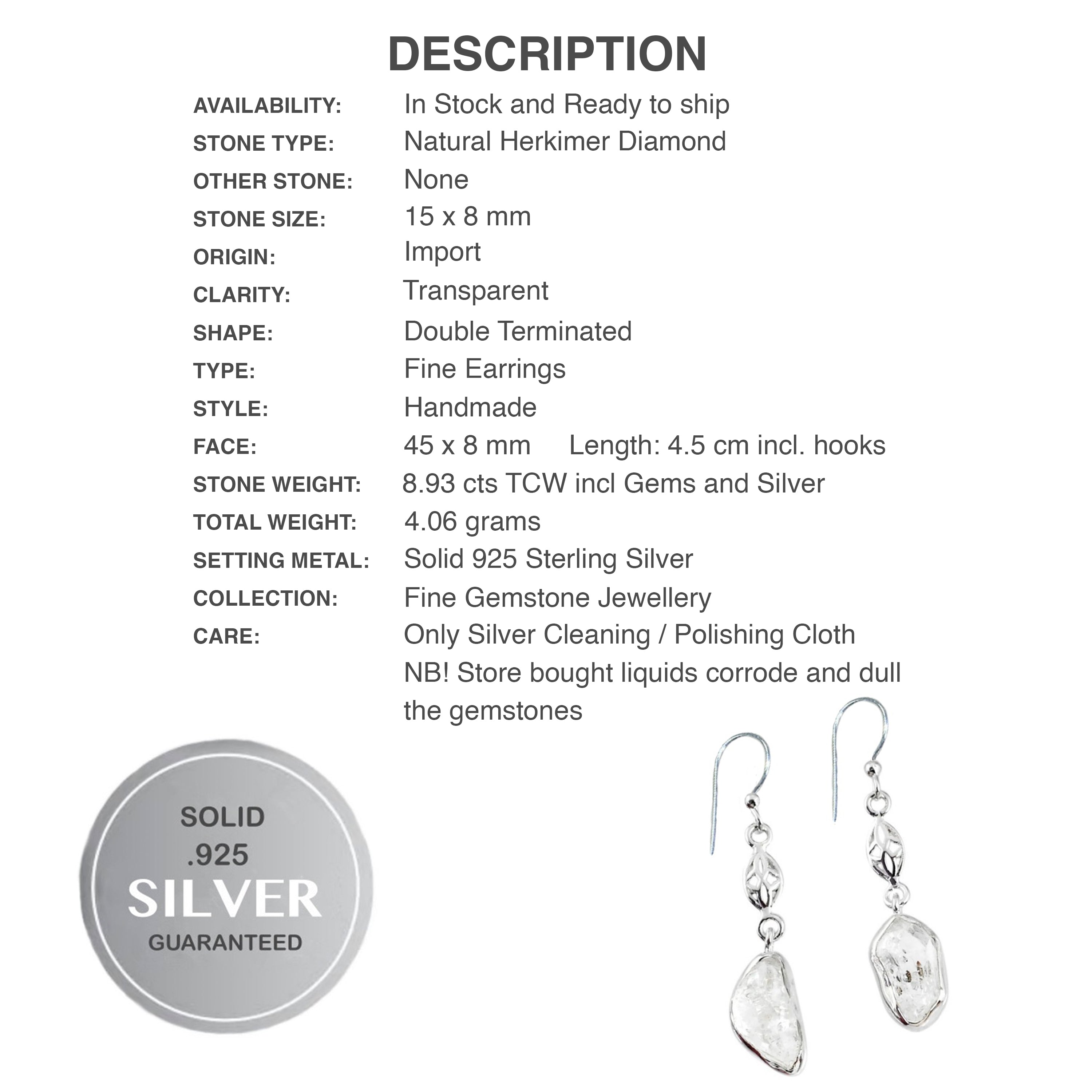 Natural Herkimer Diamond Gemstone Solid .925 Sterling Silver Drop Dangle Earrings - BELLADONNA